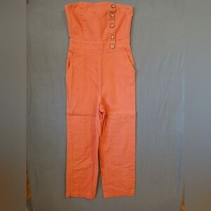 Womens Coral Strapless Button-Detail Jumpsuit Small